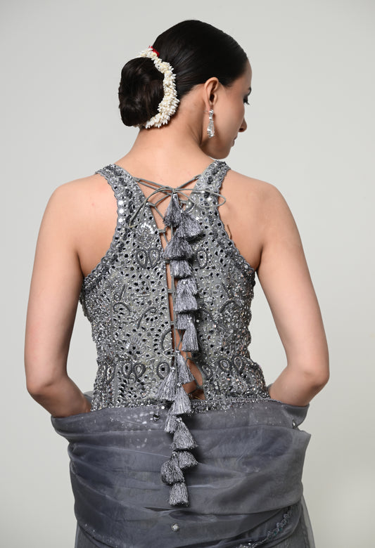 Slate Grey Tassel-Tie Vest Sharara Set