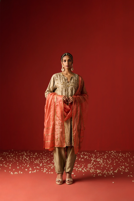 Almond Coloured Raw Silk Hand Embroidered Kurta Set