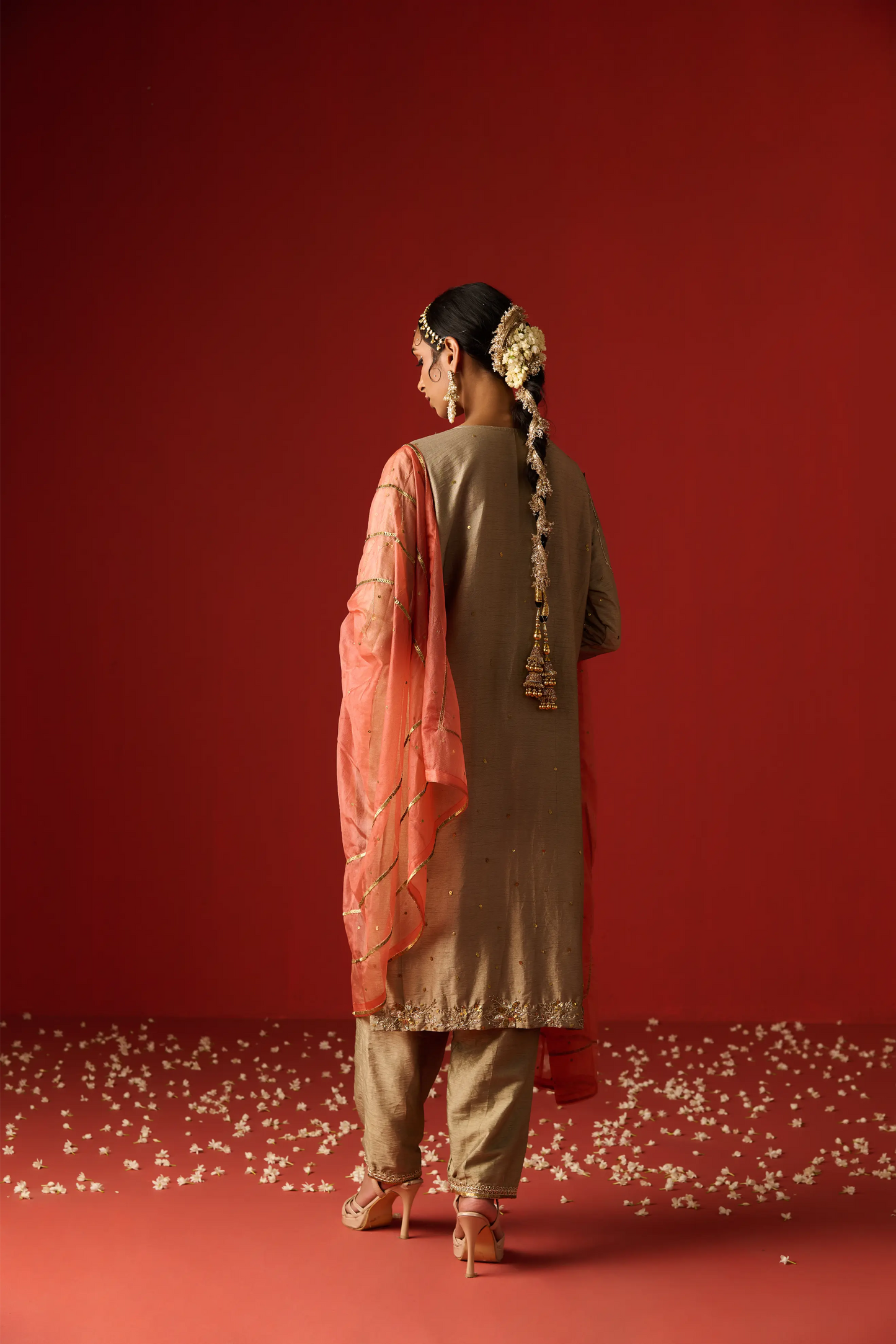Almond Coloured Raw Silk Hand Embroidered Kurta Set