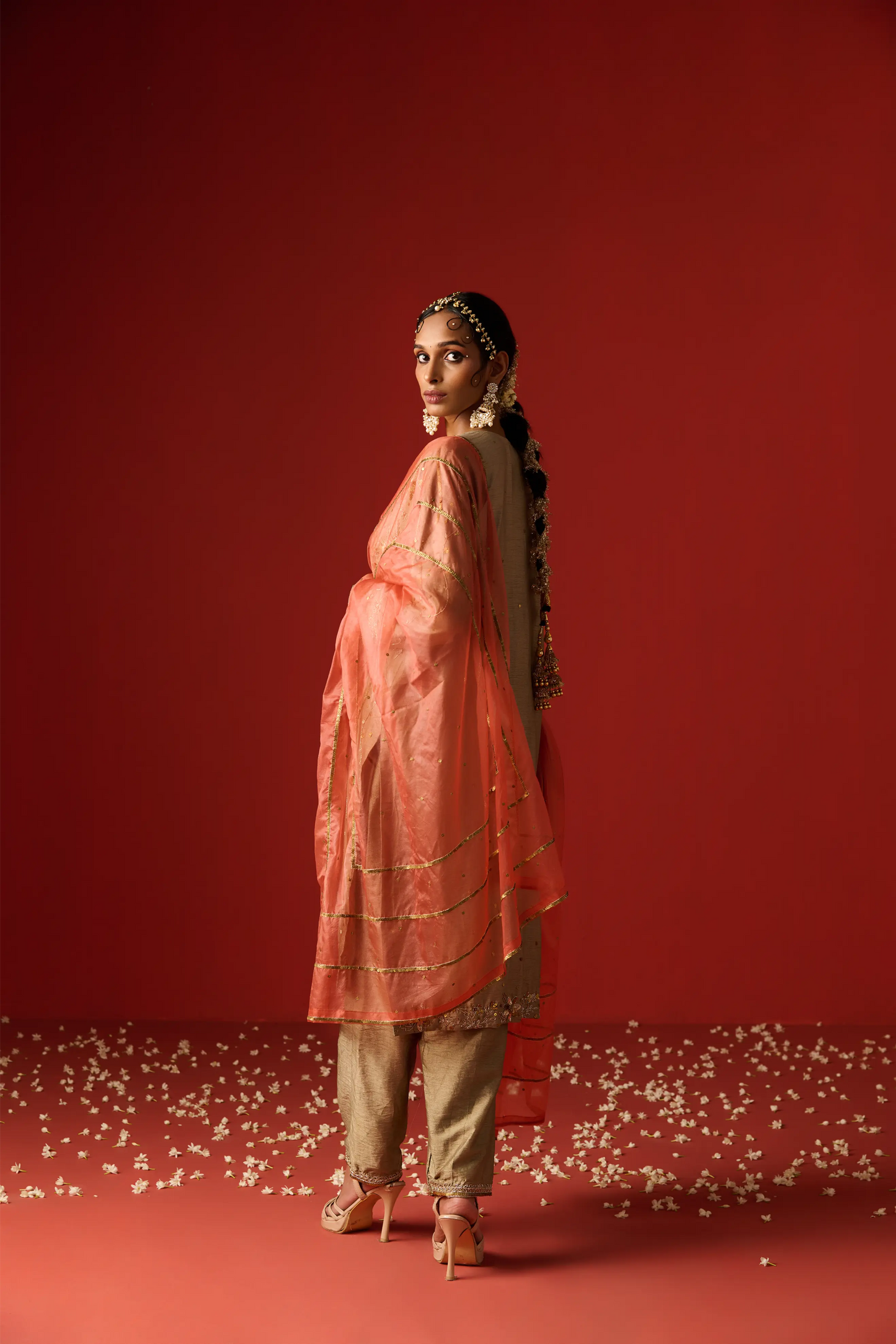 Almond Coloured Raw Silk Hand Embroidered Kurta Set