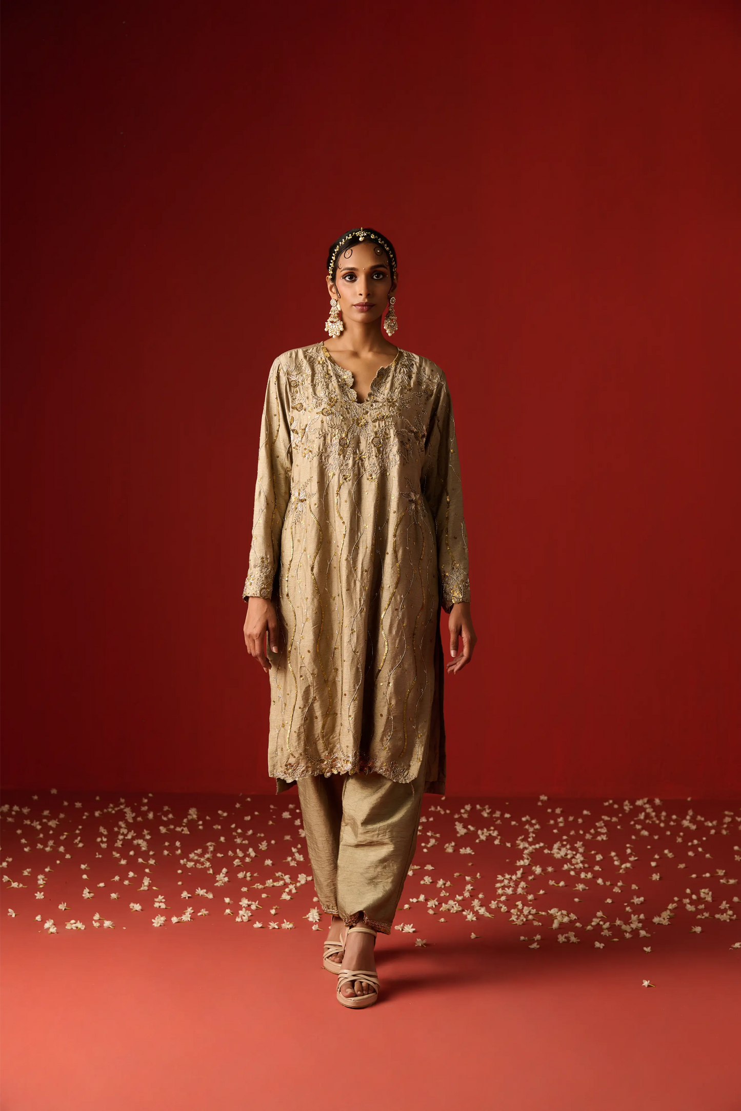 Almond Coloured Raw Silk Hand Embroidered Kurta Set
