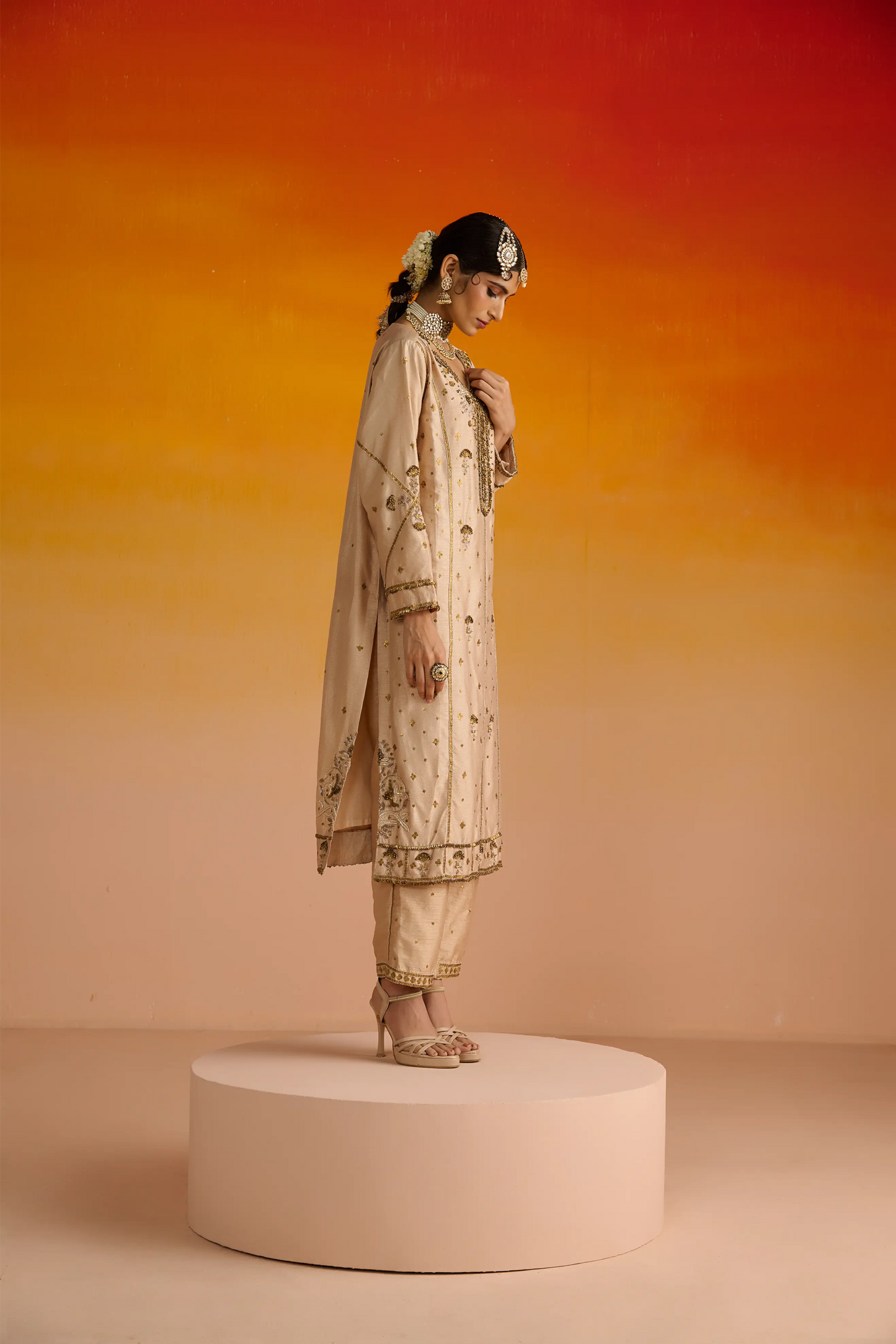 Almond Coloured Raw Silk Hand Embroidered Kurta Set