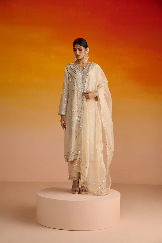 Beige Crepe Hand Embroidered Kurta Set