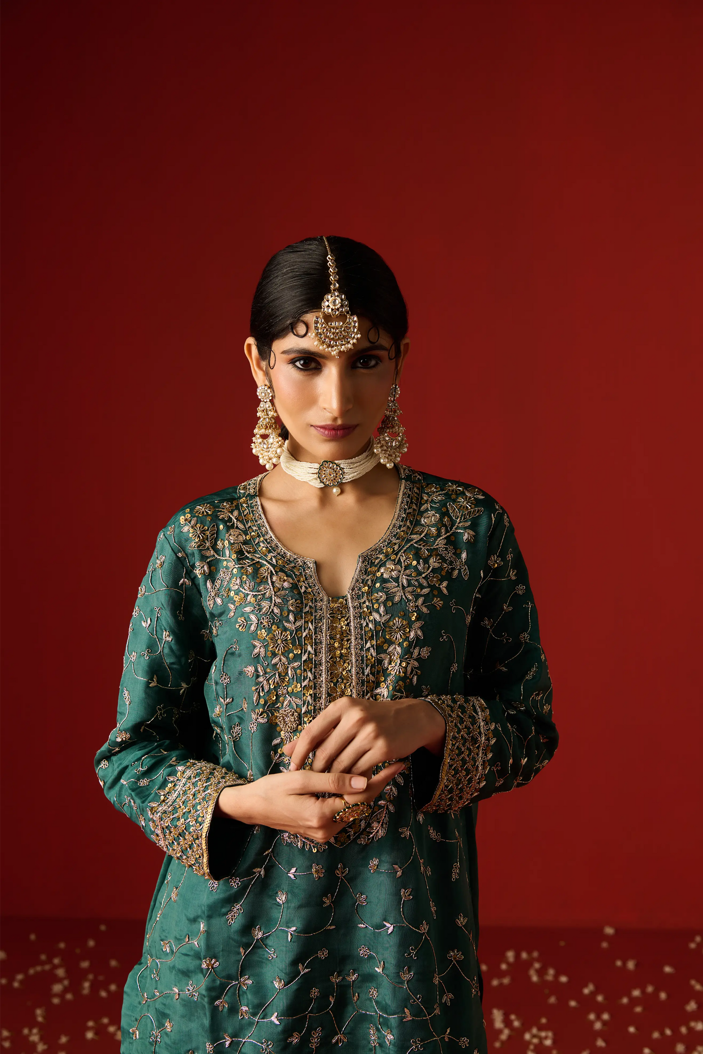 Emerald Green Opara Silk Hand Embroidered Kurta Set