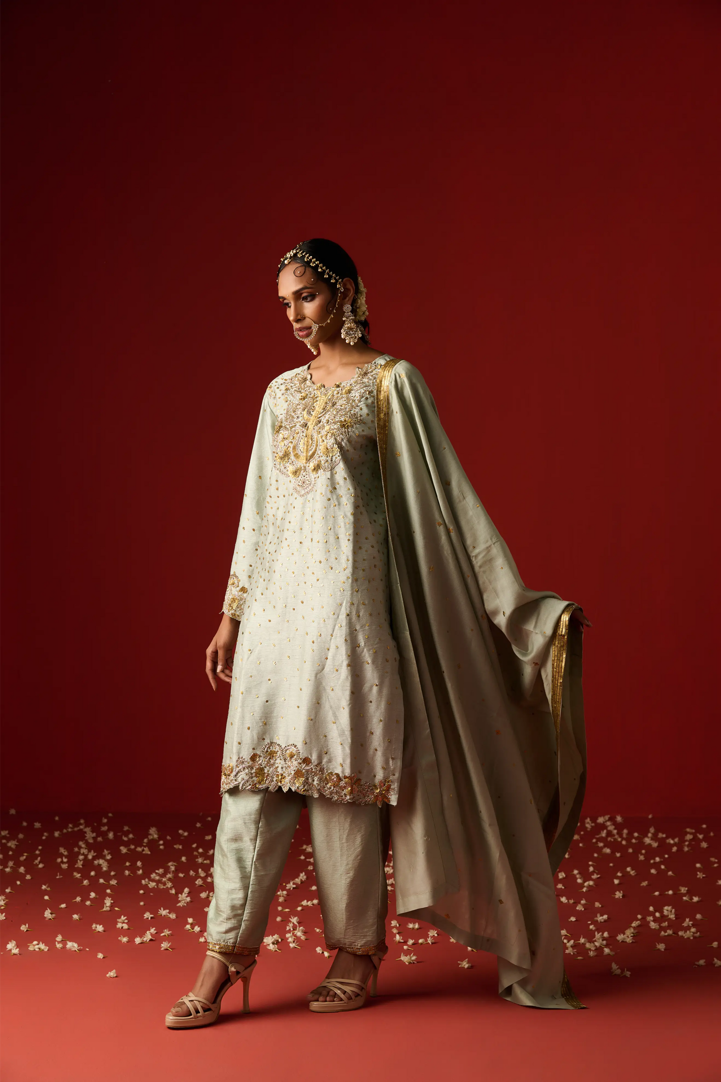 Glacial Sea Green Raw Silk Hand Embroidered Kurta Set