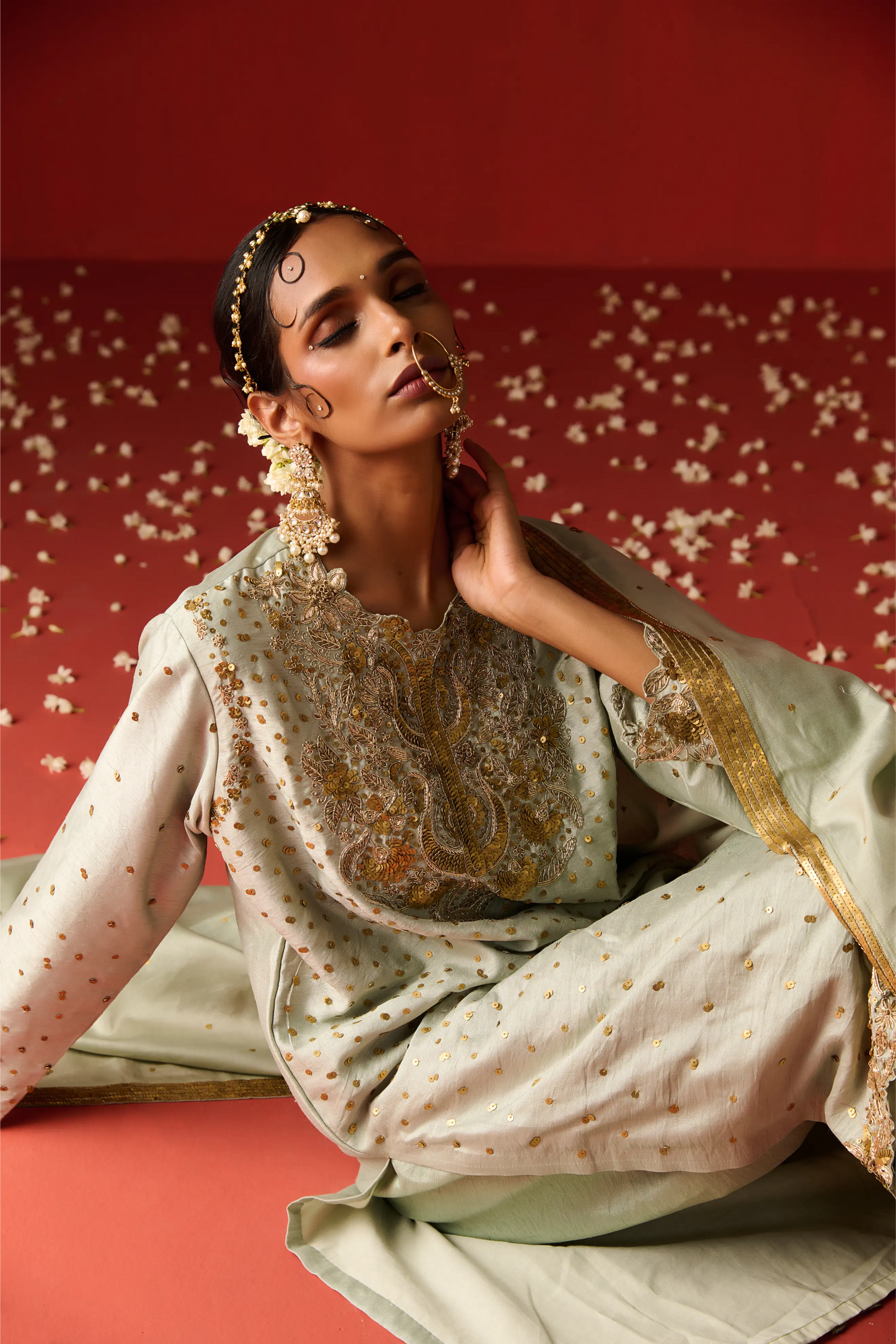 Glacial Sea Green Raw Silk Hand Embroidered Kurta Set