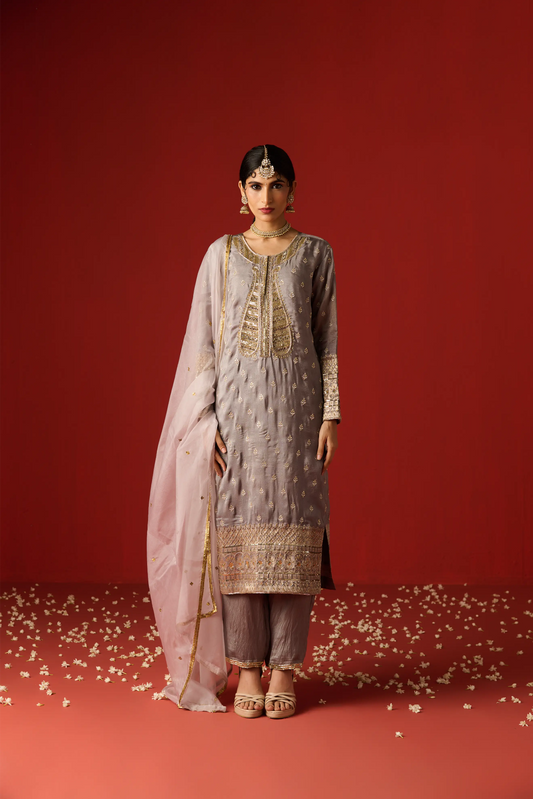 Grey Cotton Silk Hand Embroidered Kurta Set