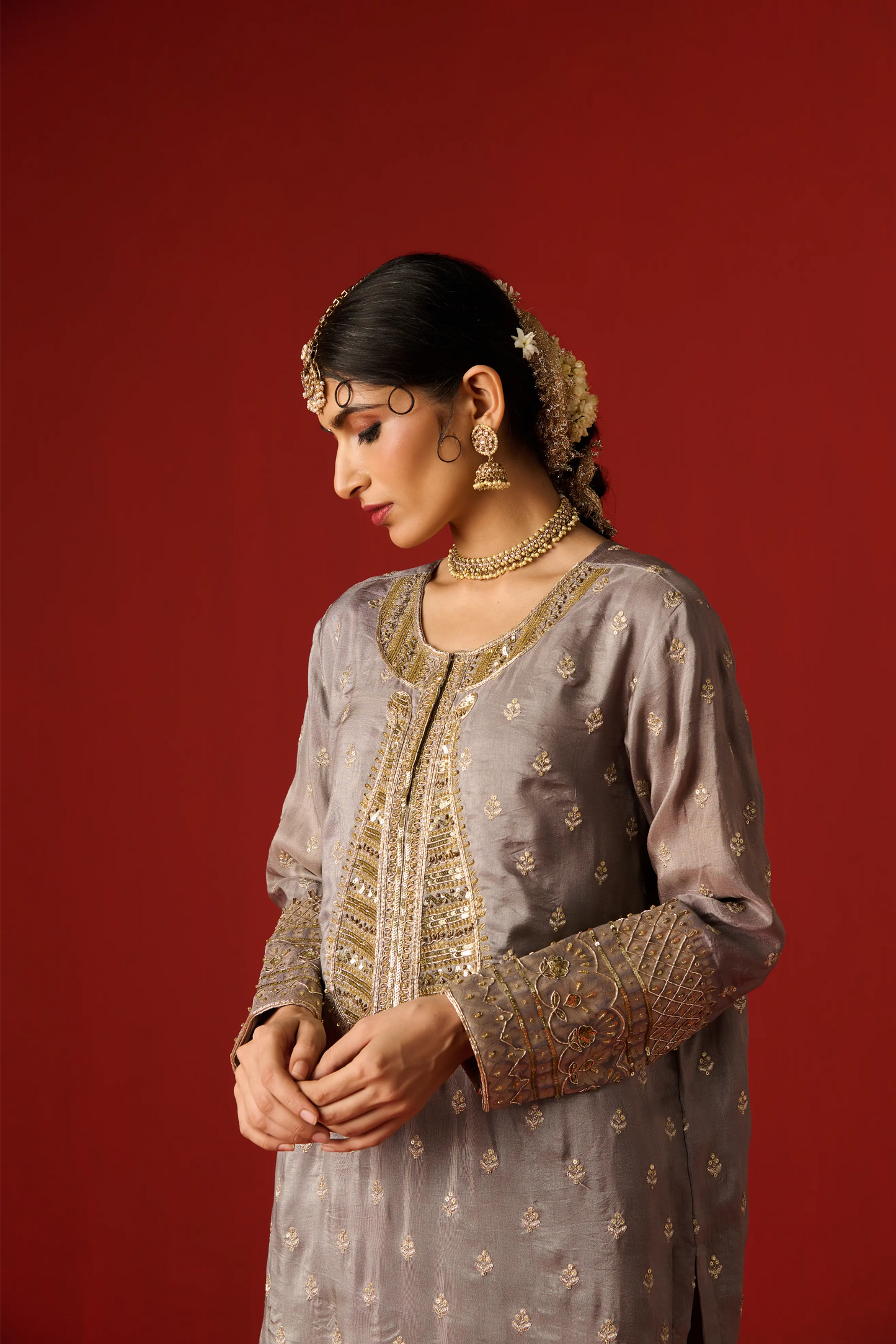 Grey Cotton Silk Hand Embroidered Kurta Set