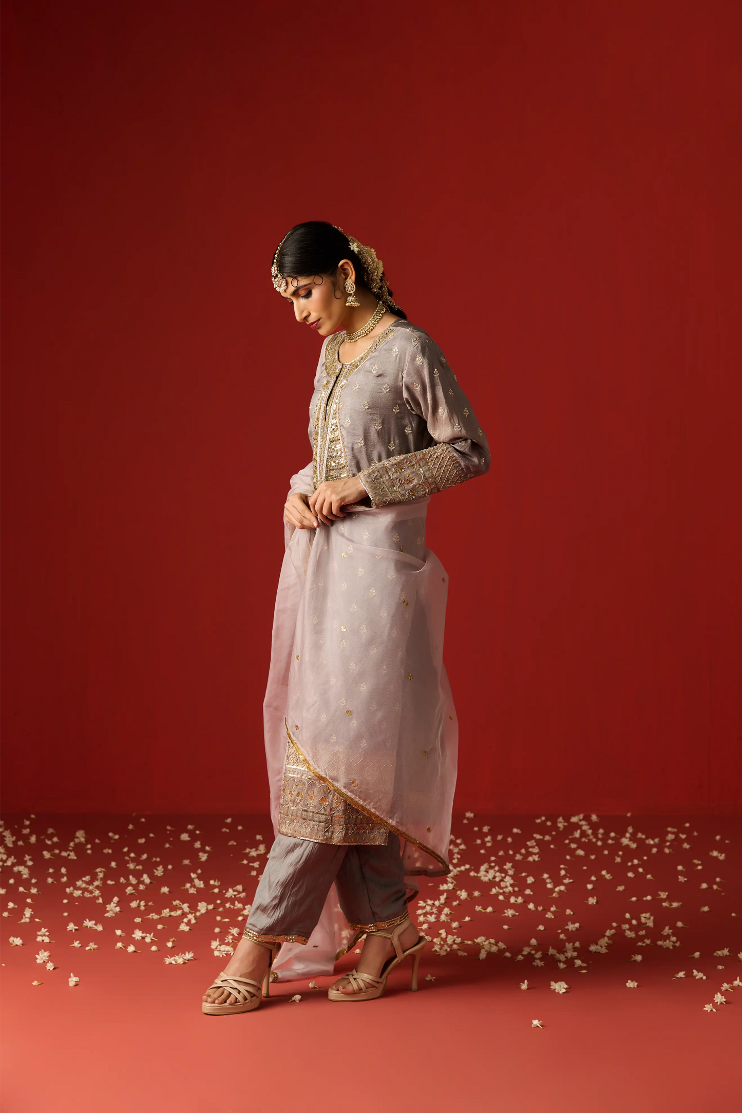 Grey Cotton Silk Hand Embroidered Kurta Set