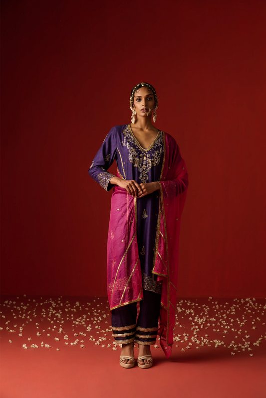 Indigo Blue Chanderi Silk Hand Embroidered & Printed Kurta Set
