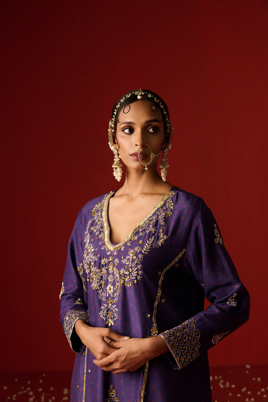 Indigo Blue Chanderi Silk Hand Embroidered & Printed Kurta Set