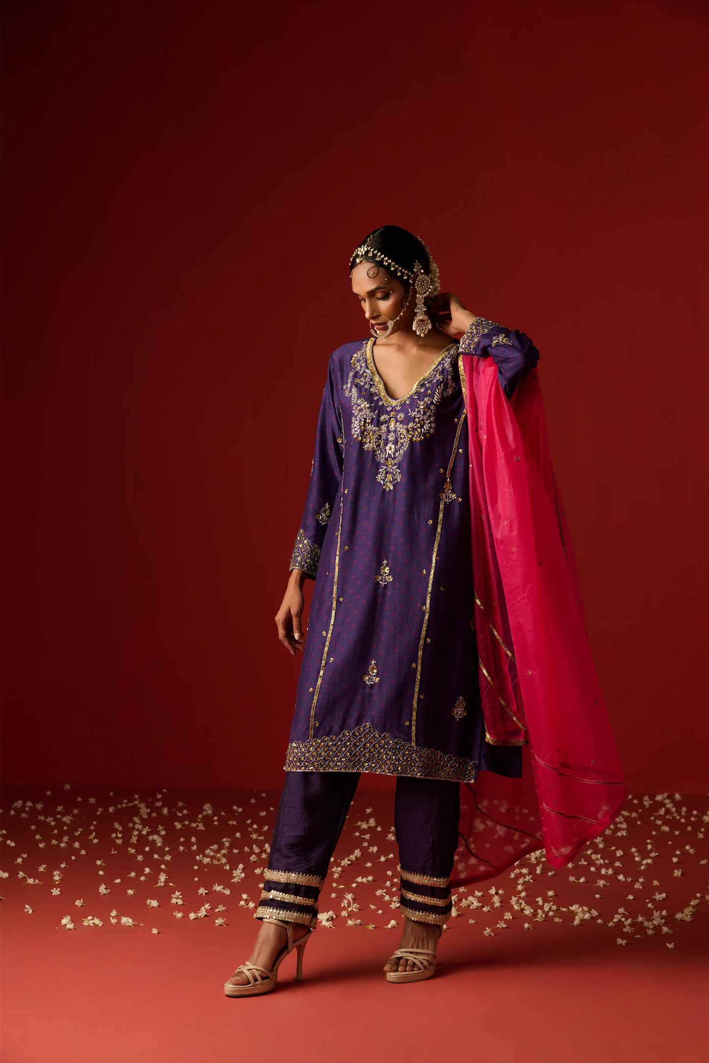 Indigo Blue Chanderi Silk Hand Embroidered & Printed Kurta Set