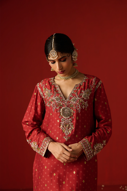 Maroon Chanderi Silk Hand Embroidered & Printed Kurta Set