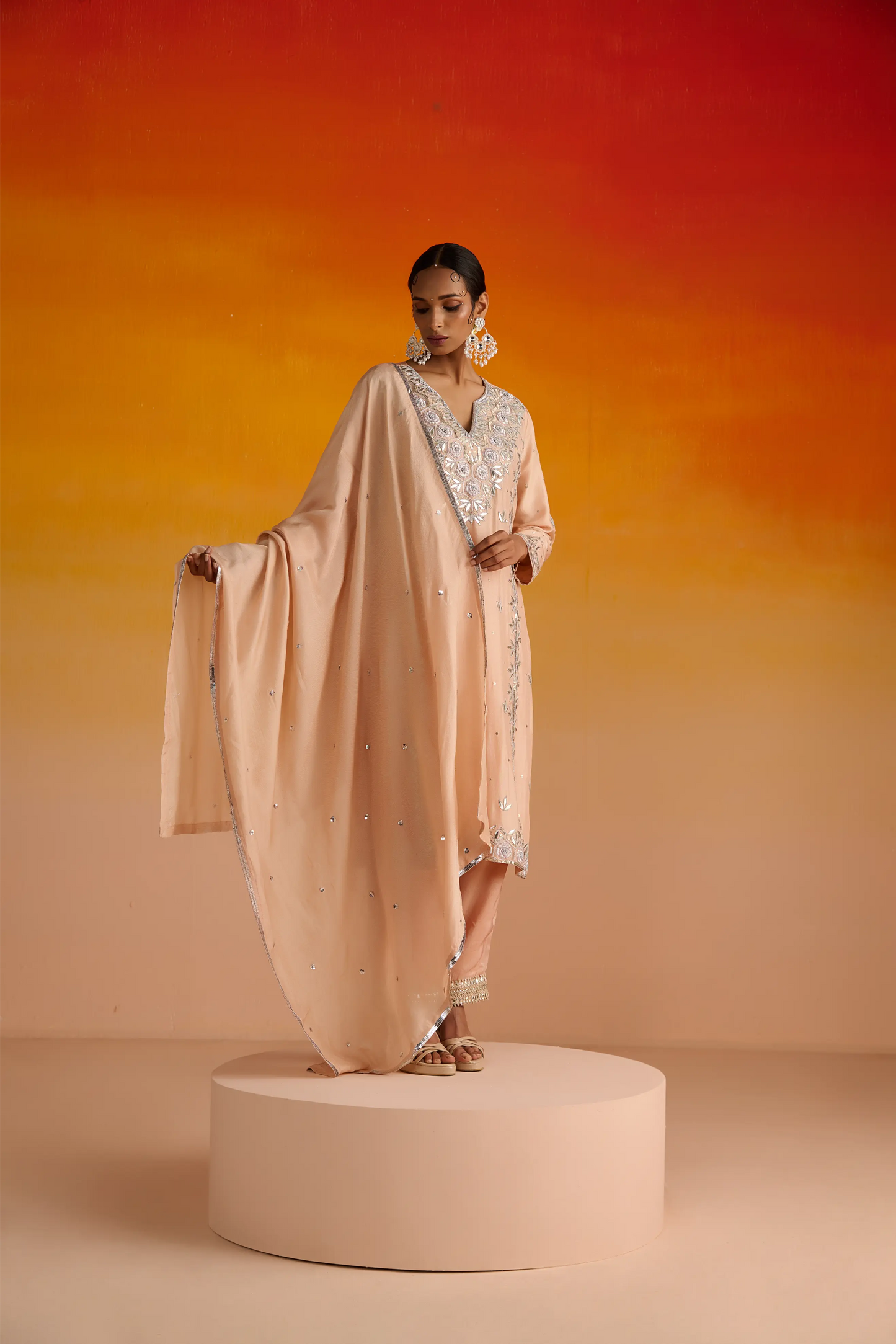 Peach Opara Silk Hand Embroidered Kurta Set