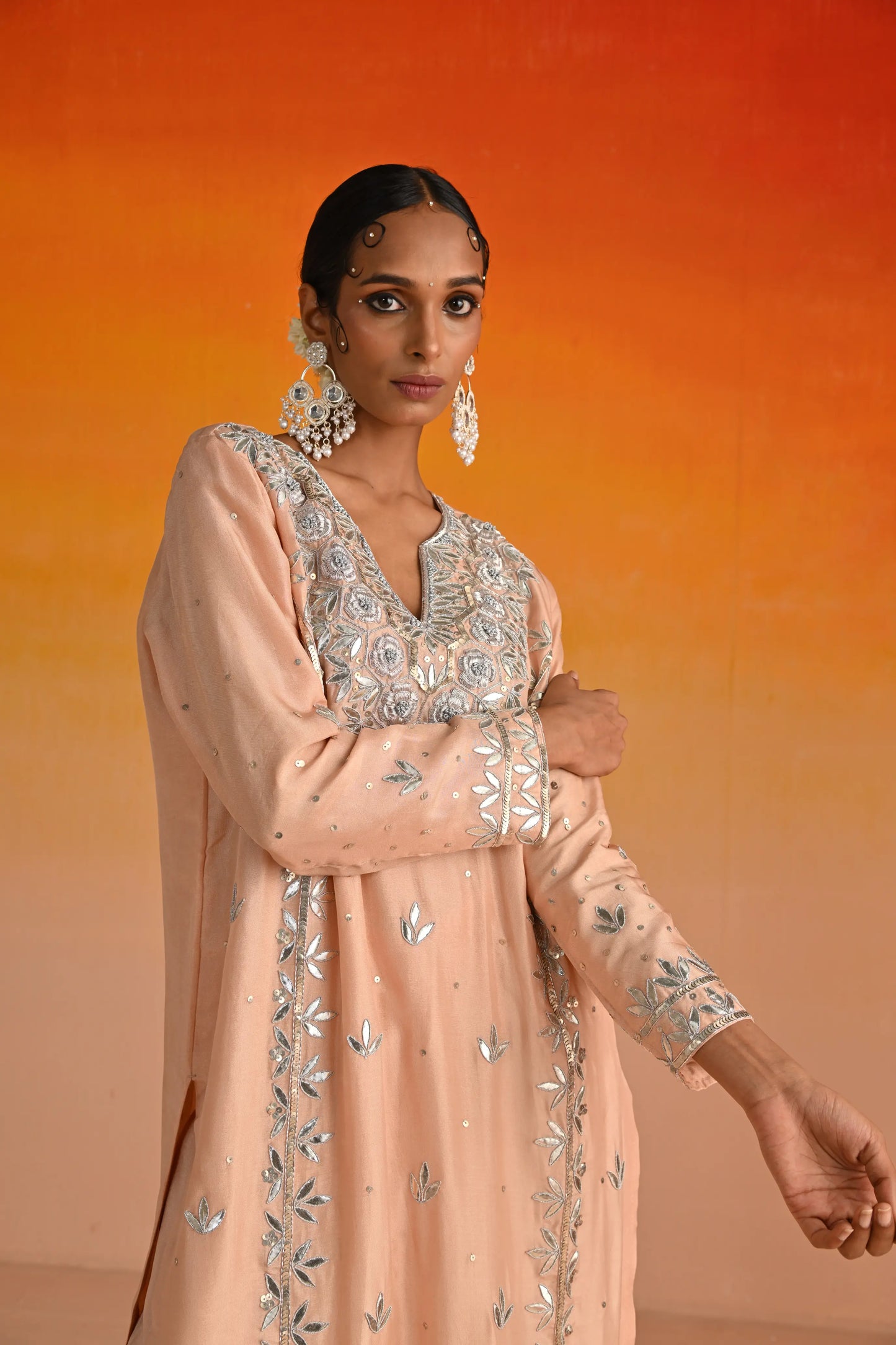 Peach Opara Silk Hand Embroidered Kurta Set