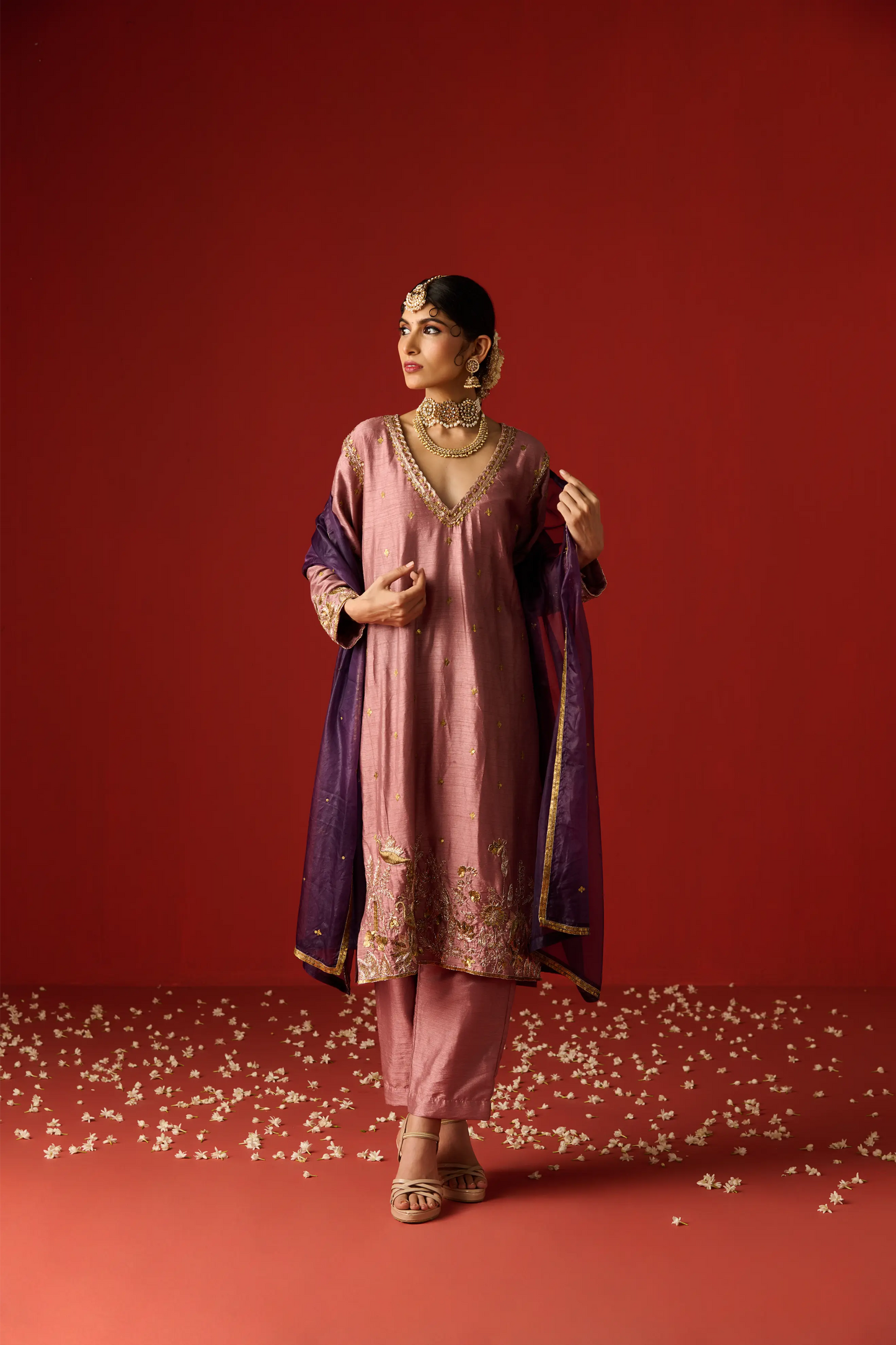 Pink Raw Silk Hand Embroidered Kurta Set