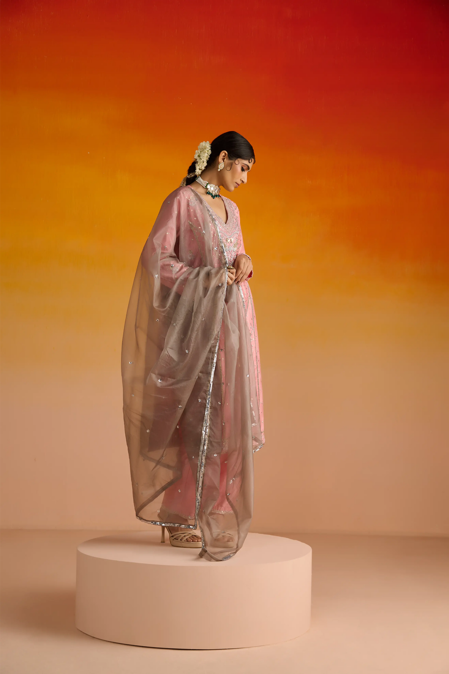 Pink Raw Silk Hand Embroidered Kurta Set