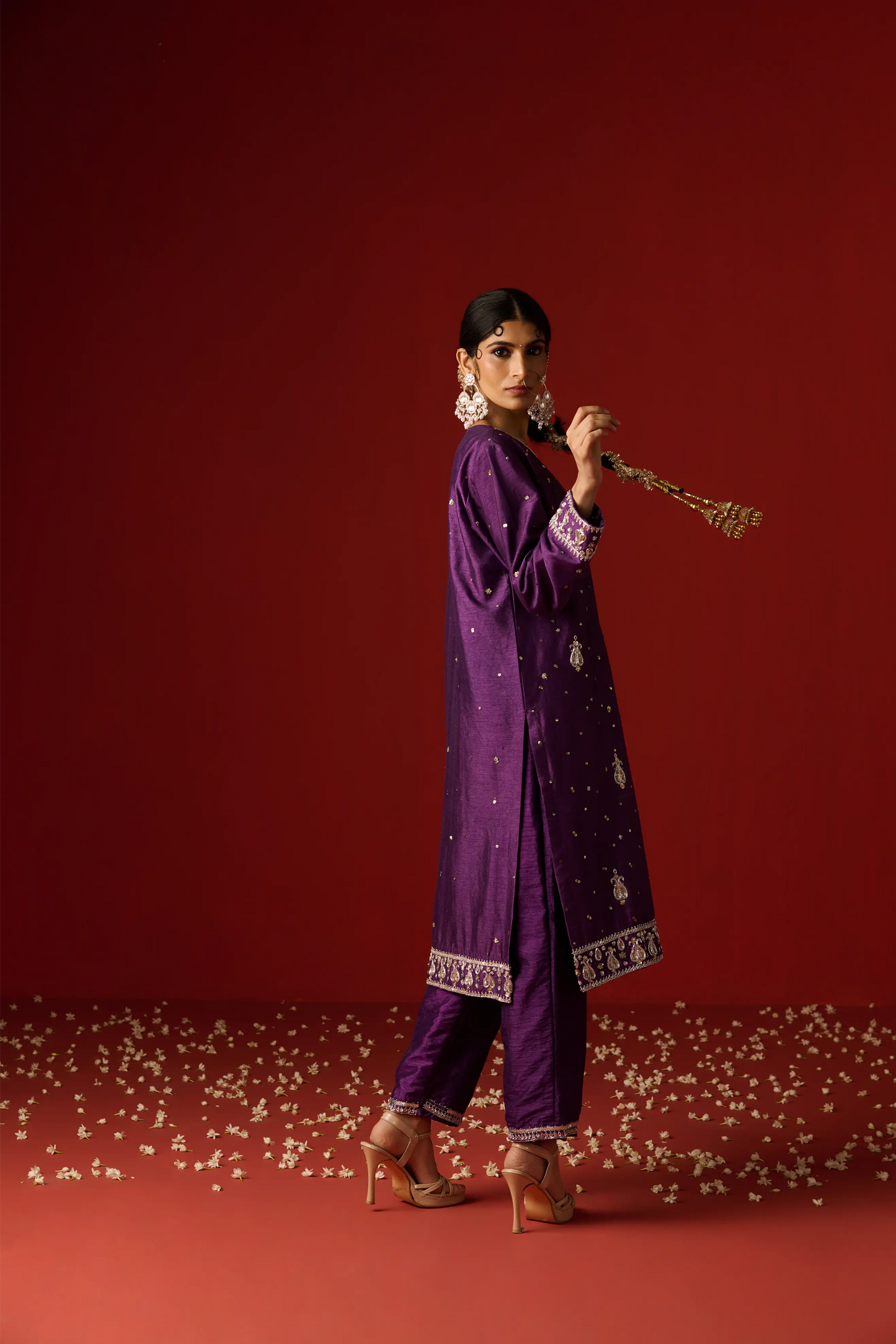 Purple Raw Silk Hand Embroidered Kurta Set