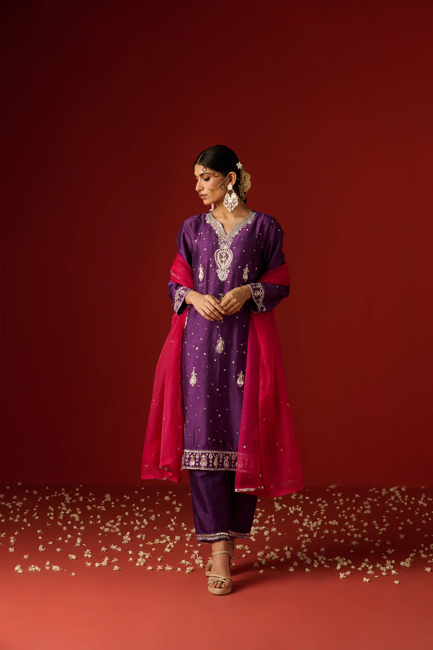 Purple Raw Silk Hand Embroidered Kurta Set