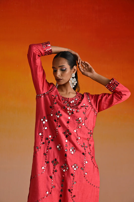 Red Raw Silk Mirror Hand Embroidered Kurta Set