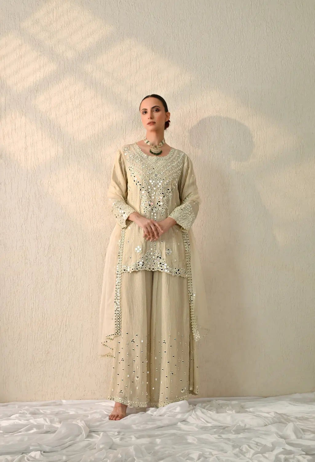 Ivory Short Mirror Kurta Sharara Set