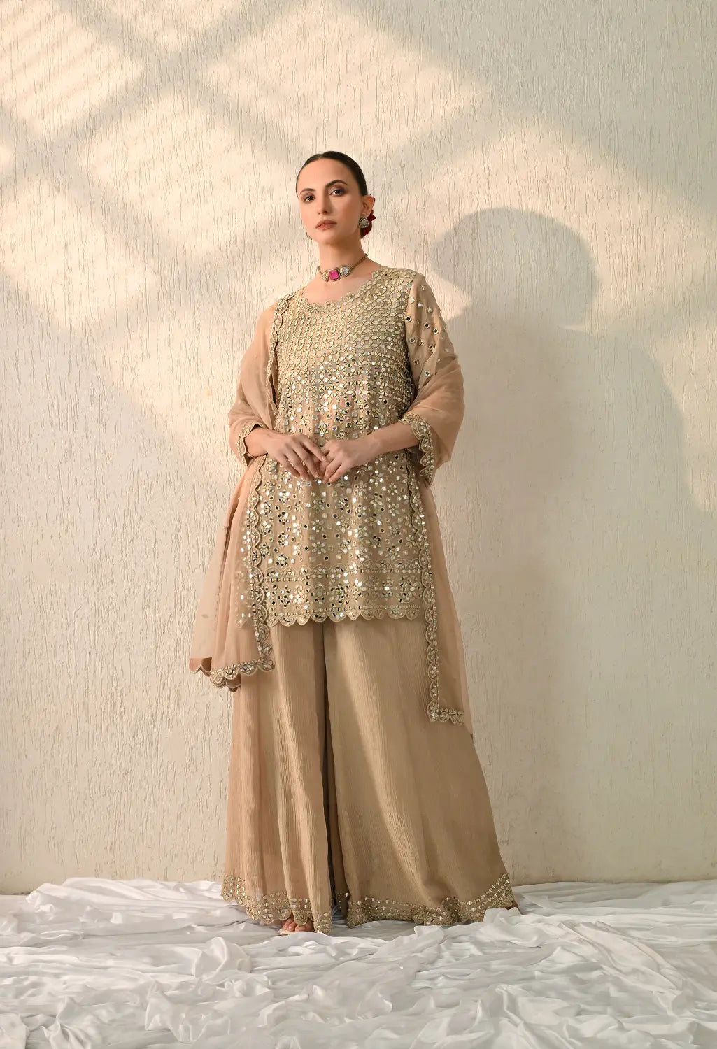Dark Beige Mirror Kurta Sharara Set