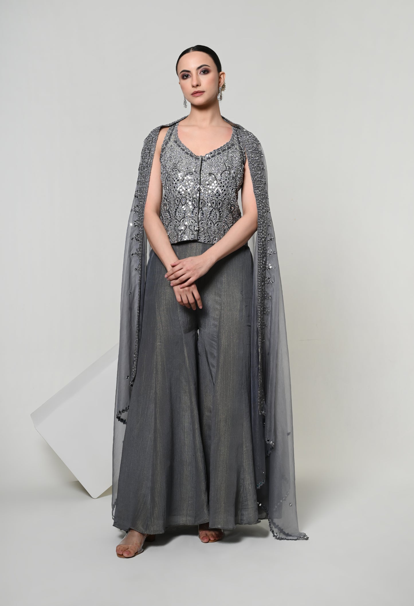 Slate Grey Tassel-Tie Vest Sharara Set