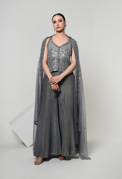 Slate Grey Tassel-Tie Vest Sharara Set