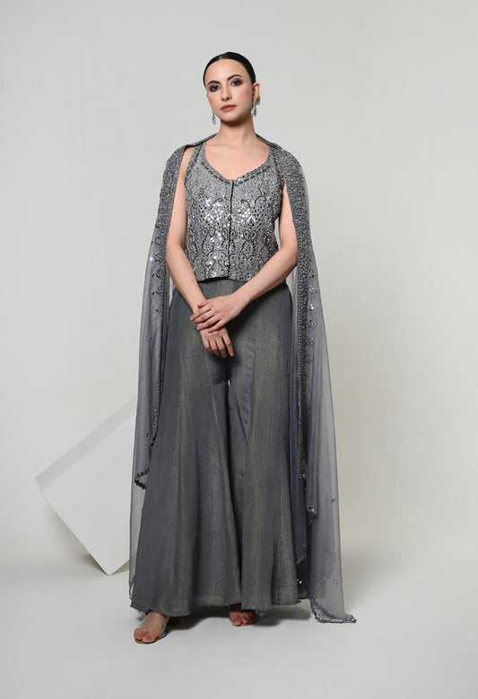 Slate Grey Tassel-Tie Vest Sharara Set