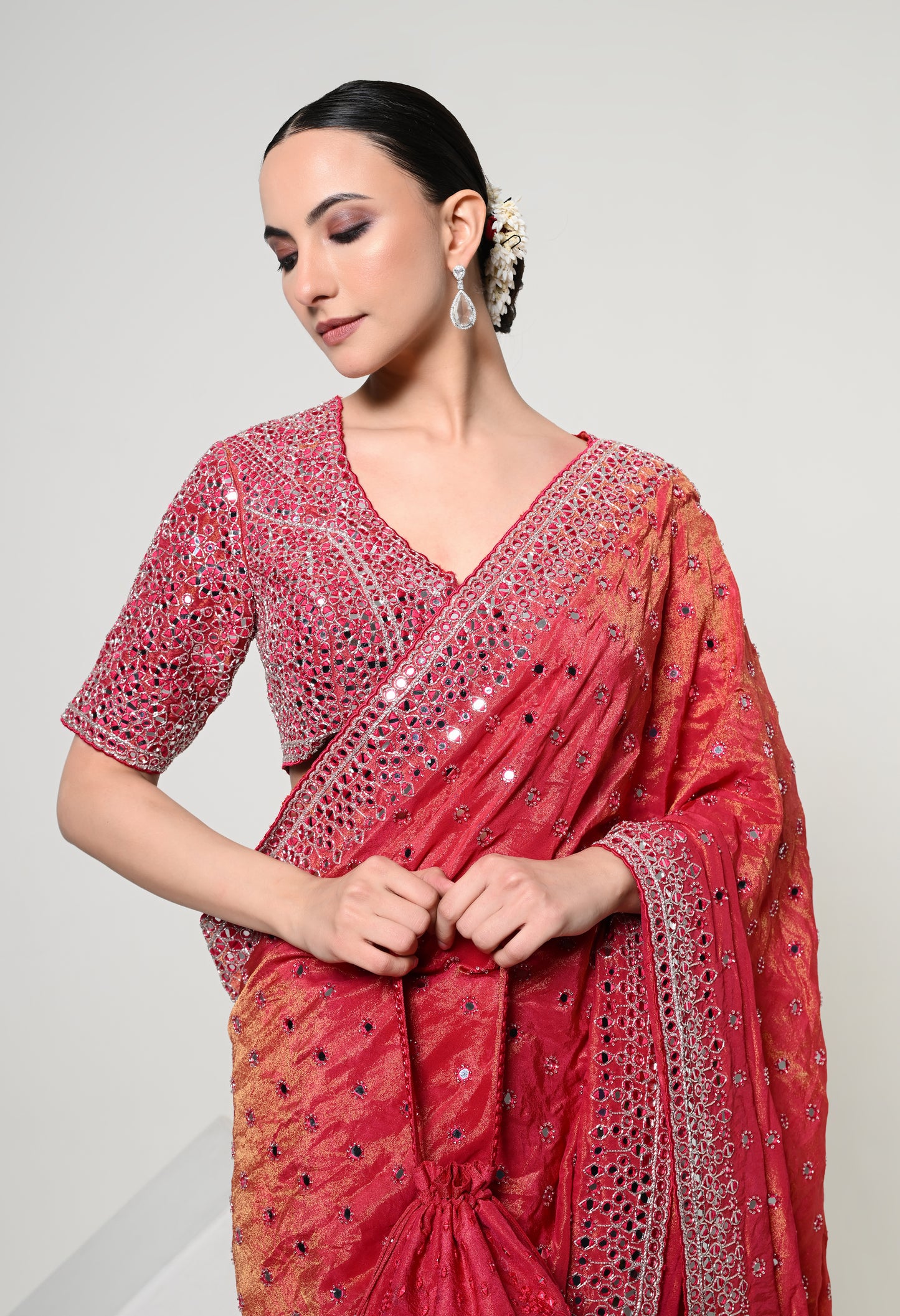 Spiced Coral Celestial Mirror Saree