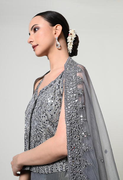 Slate Grey Tassel-Tie Vest Sharara Set