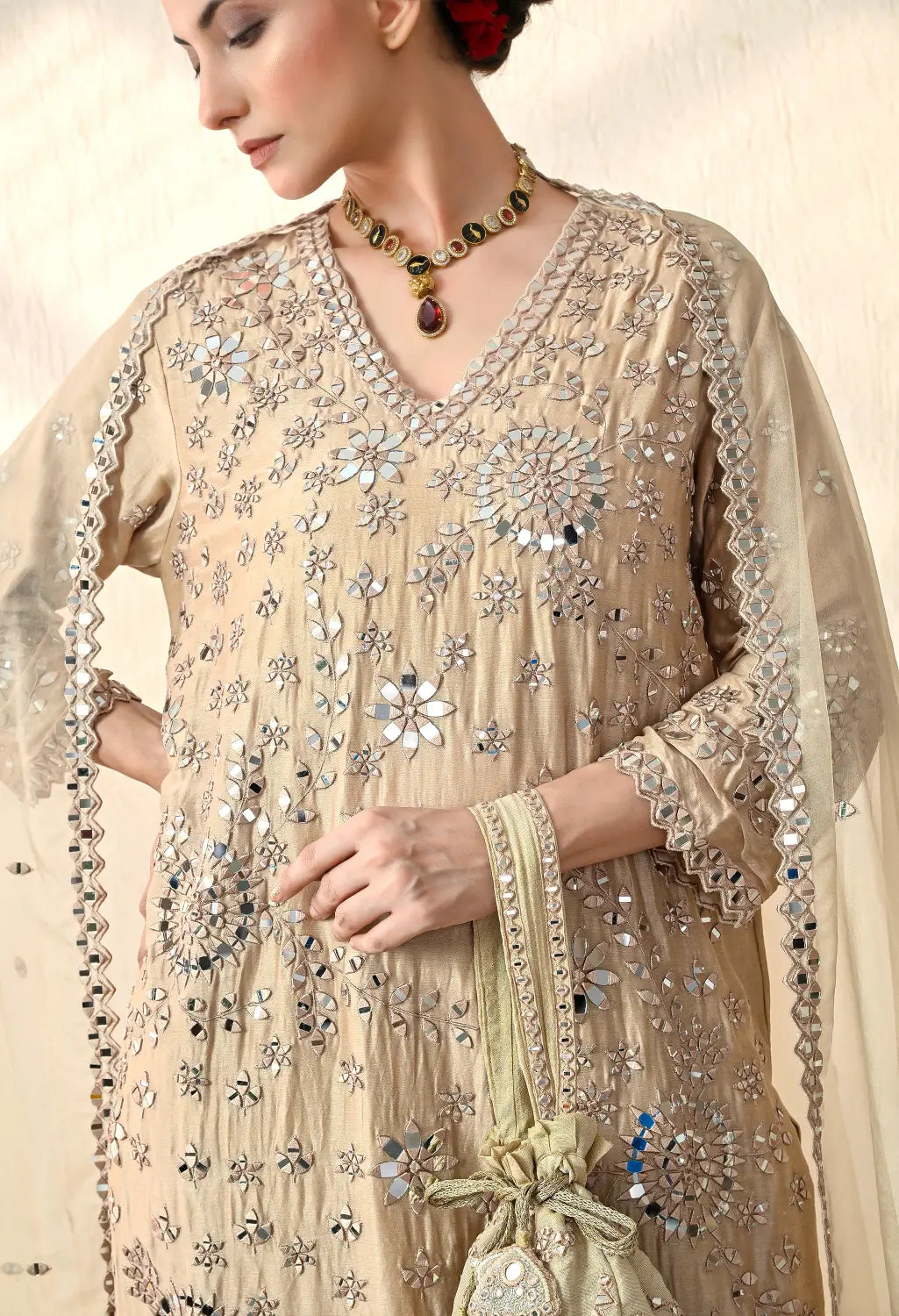 Beige Mirror Kurta Set