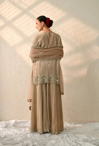 Dark Beige Mirror Kurta Sharara Set