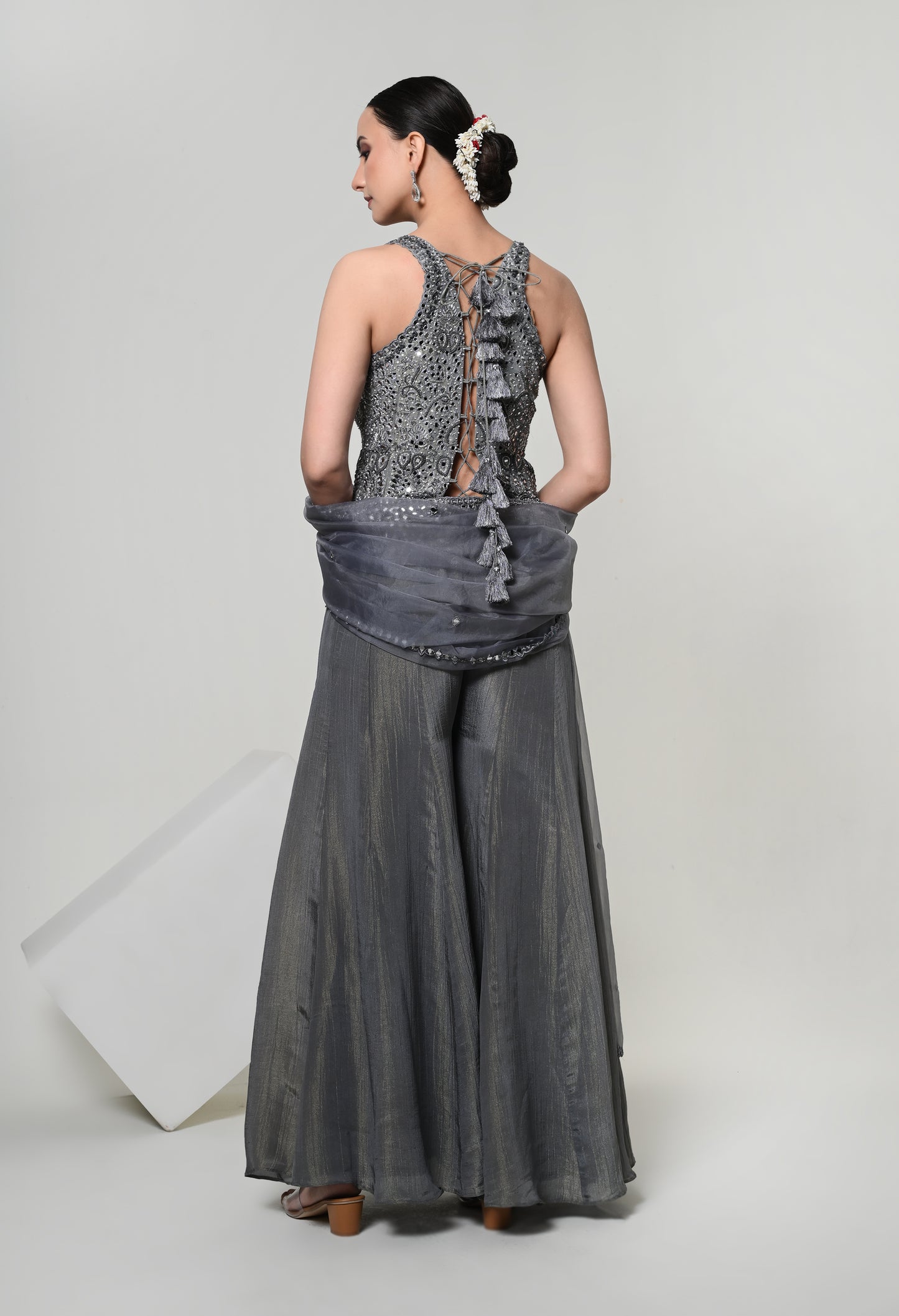 Slate Grey Tassel-Tie Vest Sharara Set