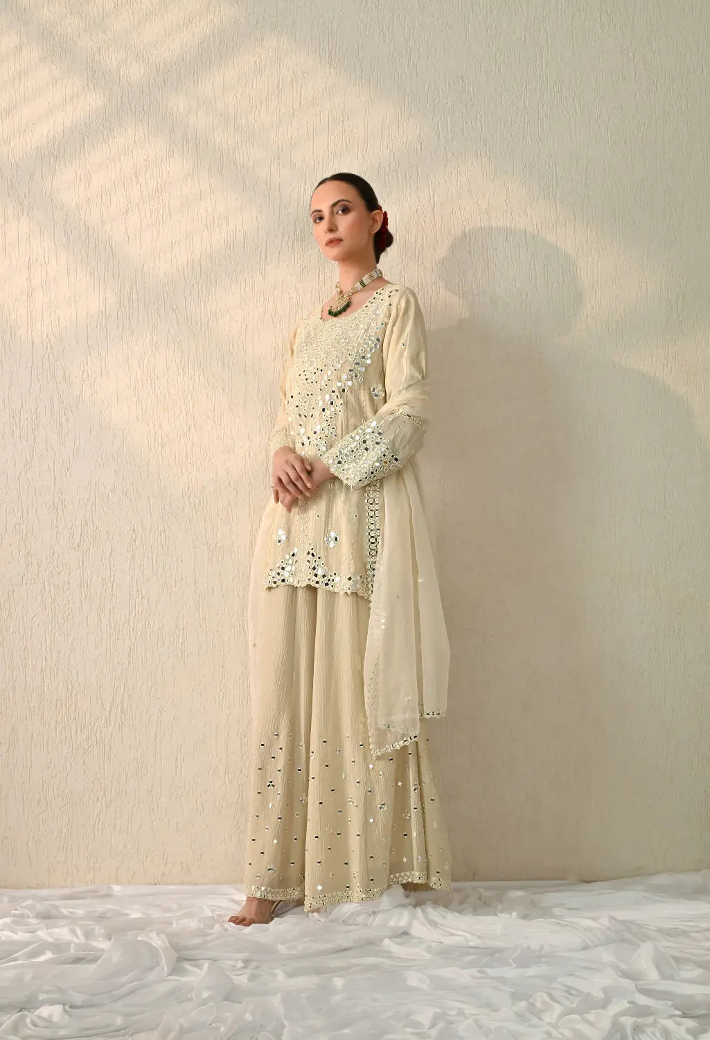 Ivory Short Mirror Kurta Sharara Set