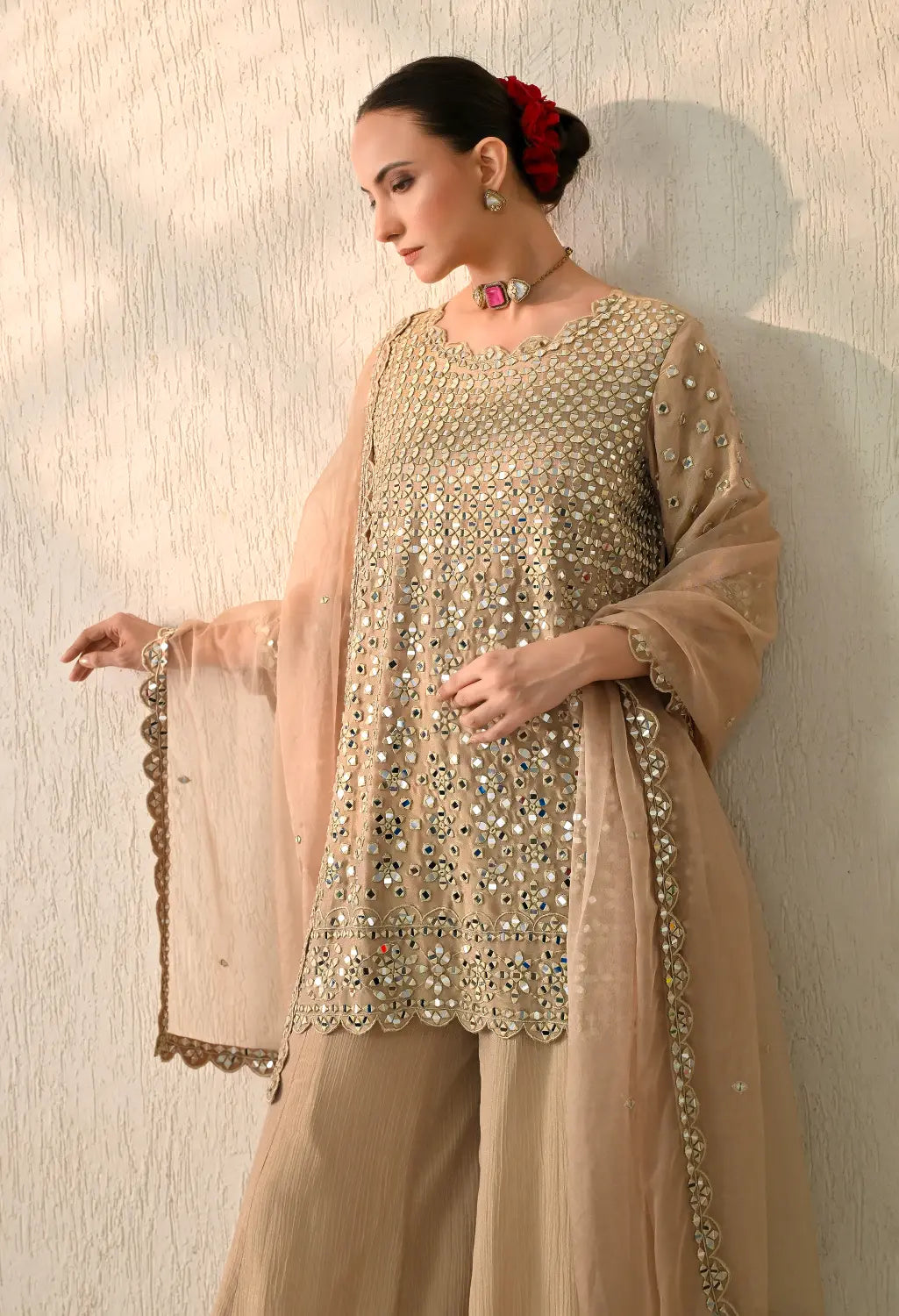 Dark Beige Mirror Kurta Sharara Set