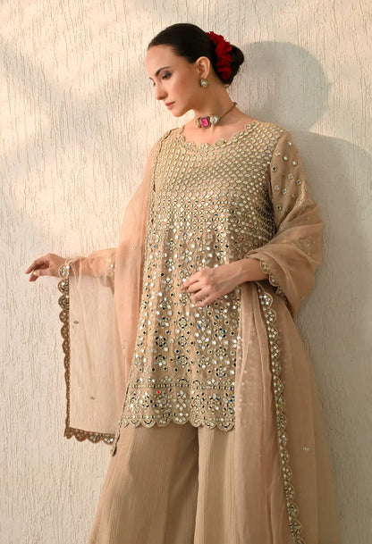 Dark Beige Mirror Kurta Sharara Set