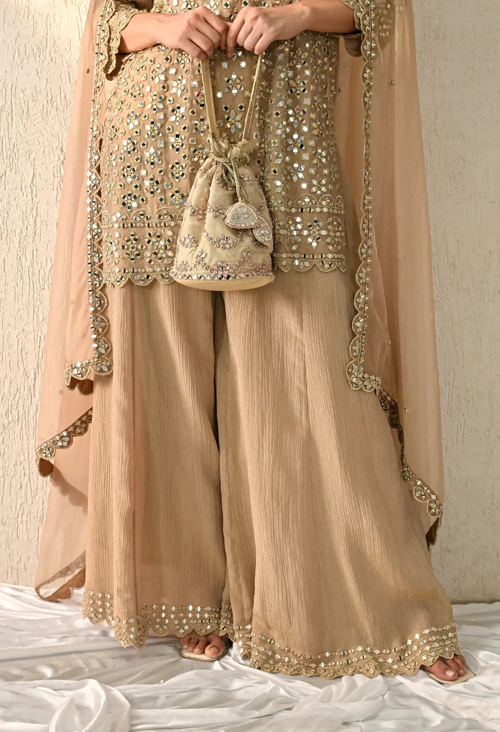 Dark Beige Mirror Kurta Sharara Set