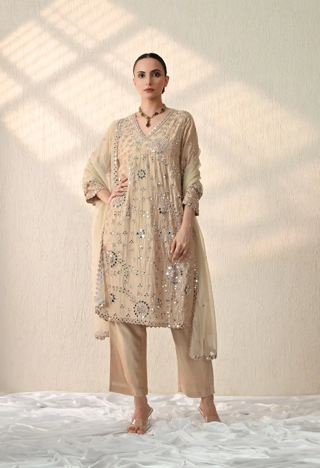 Beige Mirror Kurta Set