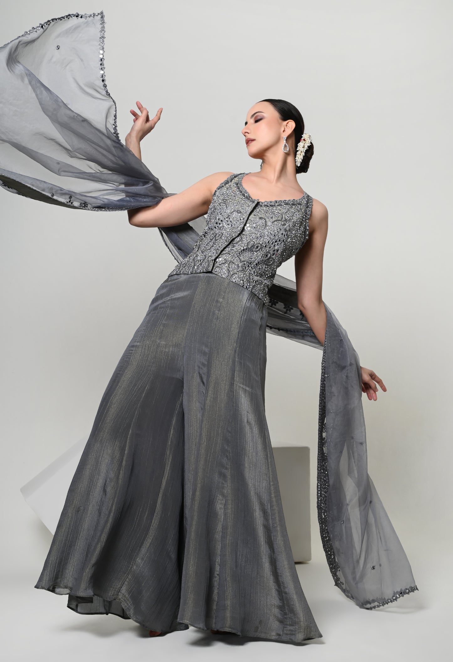 Slate Grey Tassel-Tie Vest Sharara Set