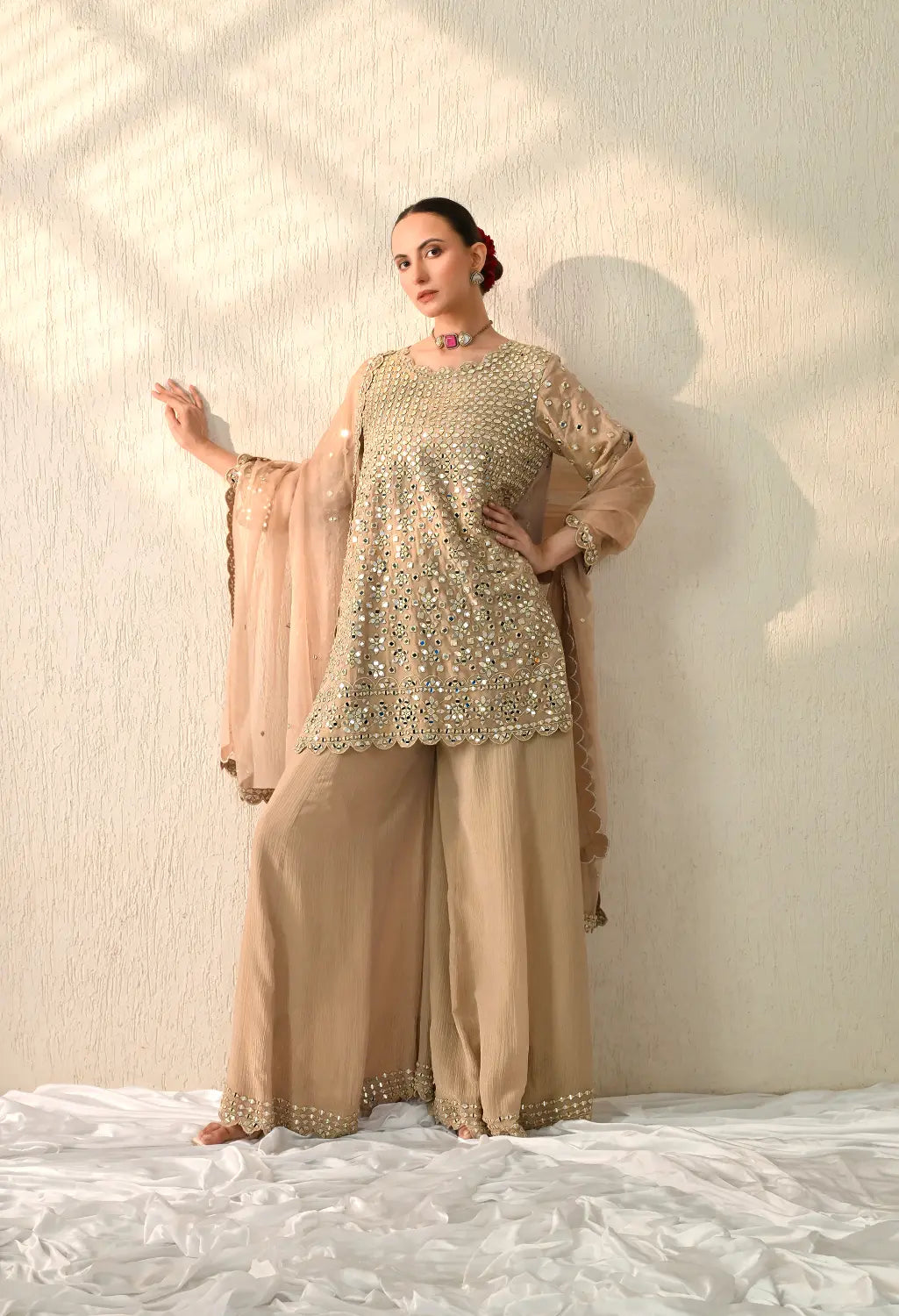 Dark Beige Mirror Kurta Sharara Set