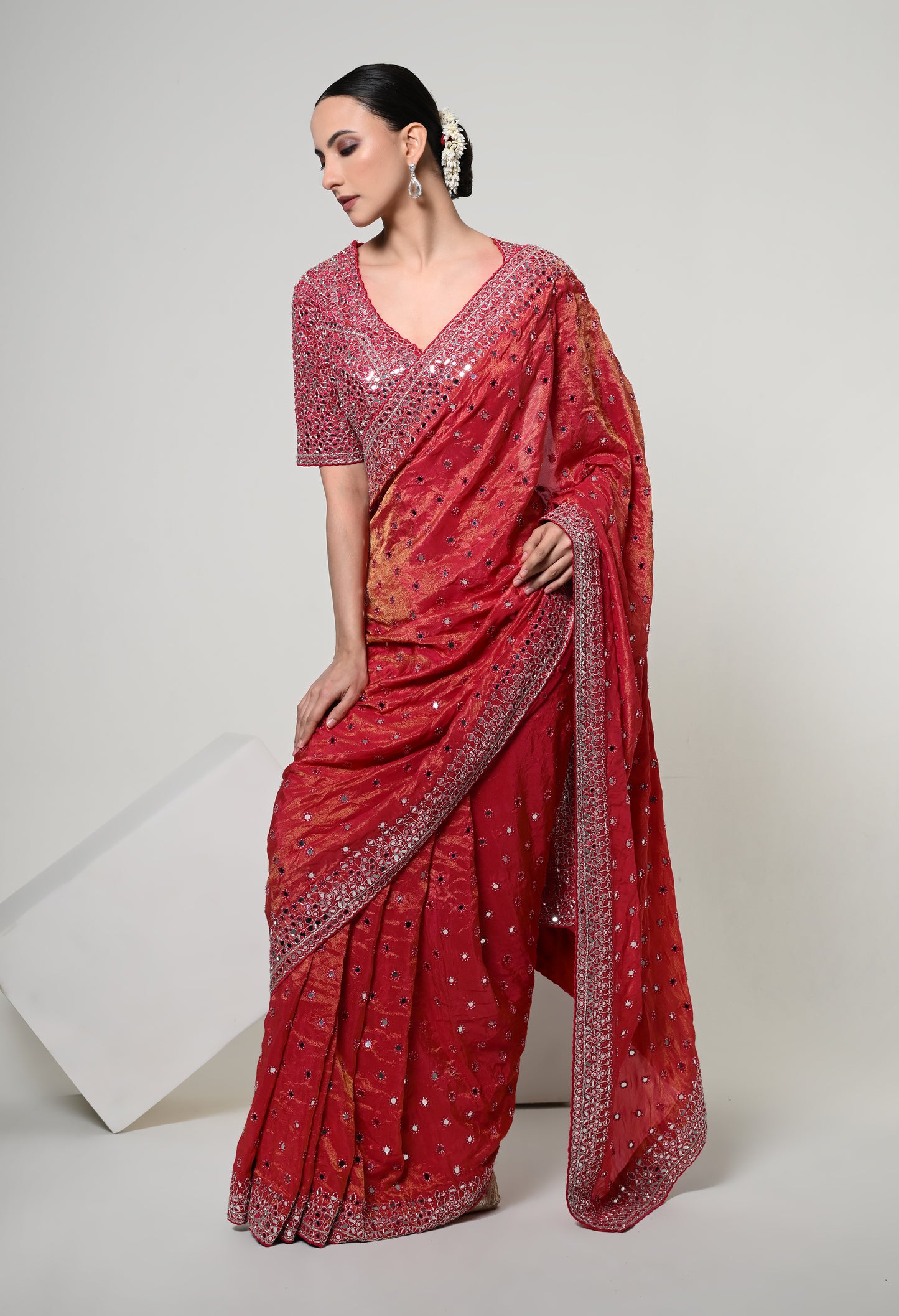 Spiced Coral Celestial Mirror Saree