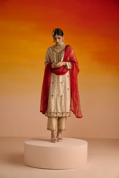 Almond Coloured Raw Silk Hand Embroidered Kurta Set