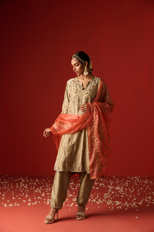 Almond Coloured Raw Silk Hand Embroidered Kurta Set