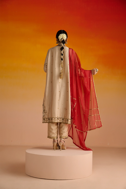 Almond Coloured Raw Silk Hand Embroidered Kurta Set