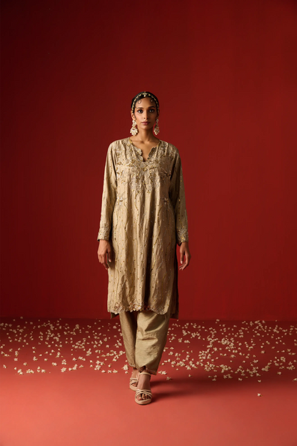 Almond Coloured Raw Silk Hand Embroidered Kurta Set