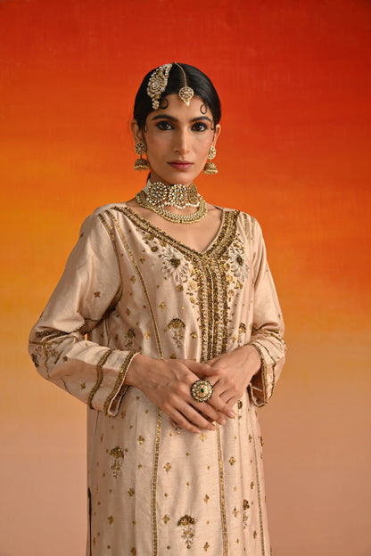 Almond Coloured Raw Silk Hand Embroidered Kurta Set
