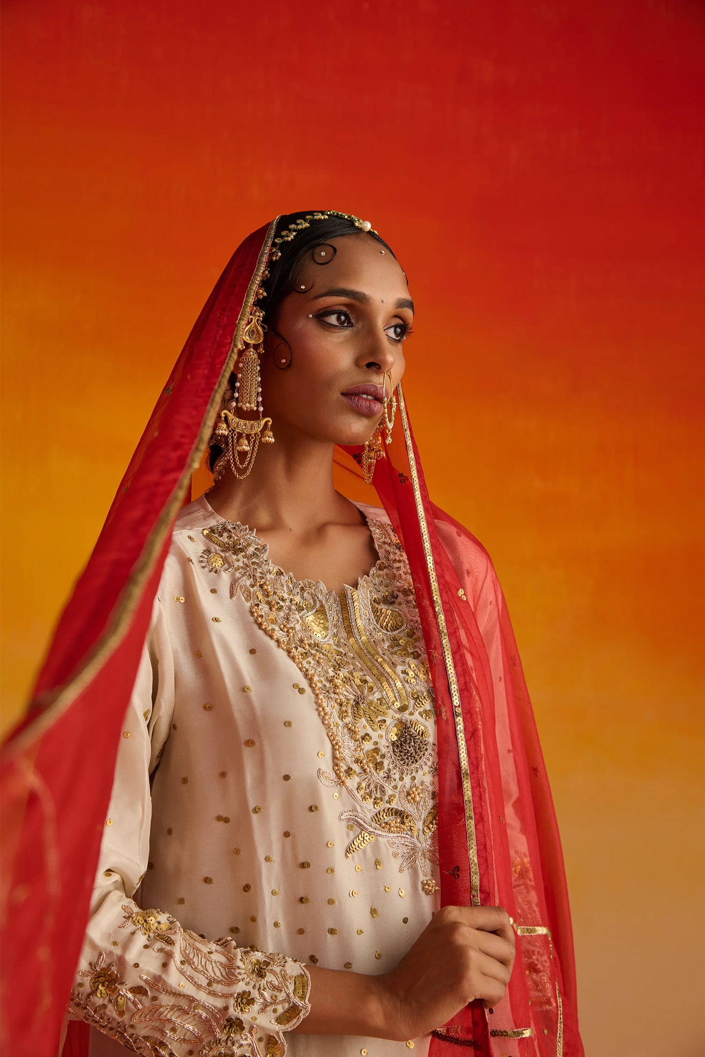 Almond Coloured Raw Silk Hand Embroidered Kurta Set