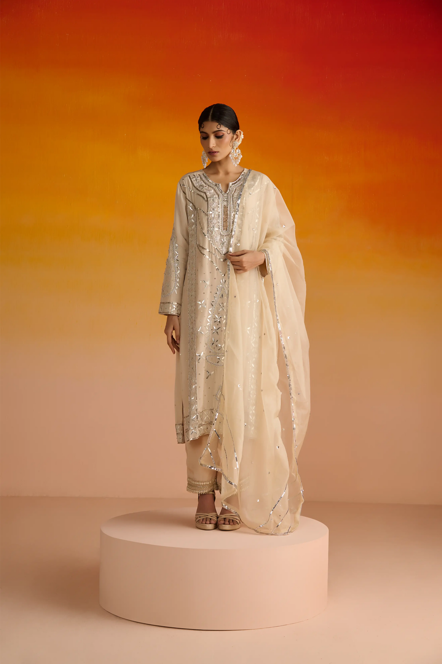Beige Crepe Hand Embroidered Kurta Set