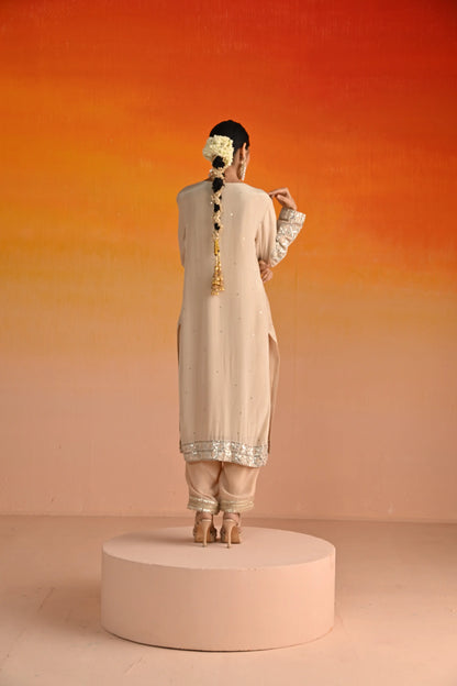 Beige Crepe Hand Embroidered Kurta Set